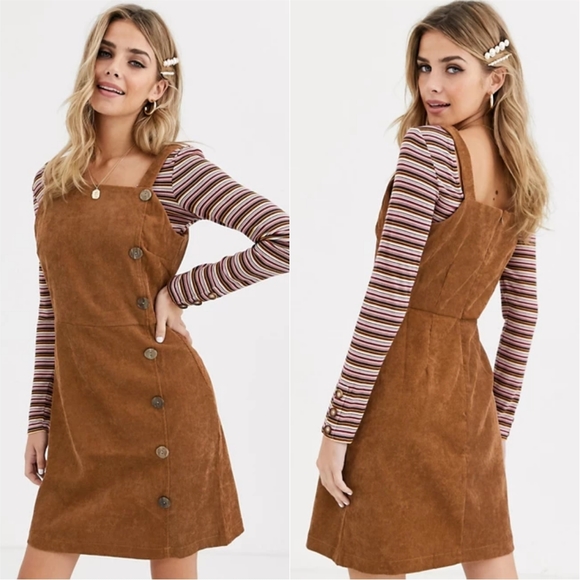 QED LONDON Tan Button Front Corduroy Dress 6 - Picture 5 of 7